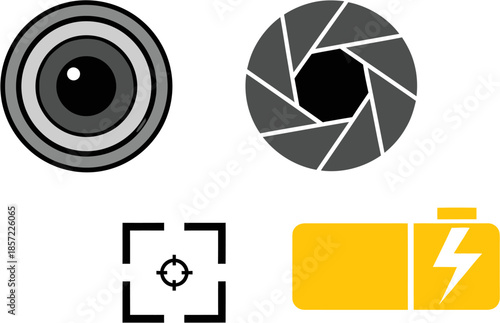 Essential digital camera and device interface icons lens, aperture, focus, and battery power indicators for modern application and web design