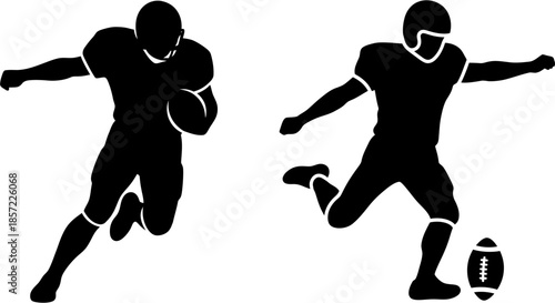 Dynamic Silhouettes of American Football Players in Action A Running Back Charging with the Ball and a Kicker Striking, Ideal for Sports-Themed Designs