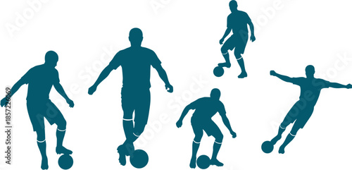 Dynamic collection of soccer player silhouettes in various action poses, showcasing dribbling, kicking, and ball control, perfect for sports-themed designs and athletic concepts