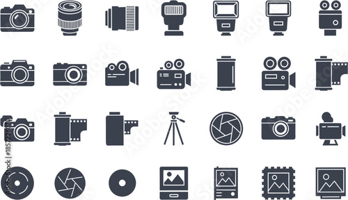 Comprehensive set of black flat design vector icons showcasing essential photography equipment, camera accessories, and related media, ideal for web and graphic projects