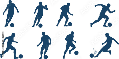 Dynamic collection of diverse soccer player silhouettes showcasing various athletic poses and ball control techniques, perfect for sports-themed designs and graphic projects