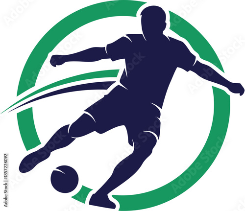 Soccer Player Kicking Ball Silhouette with Green Circular Emblem for Sports Branding and Game Promotion