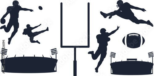 Collection of American Football Players in Silhouette Posed During Action with Goalposts and Stadiums