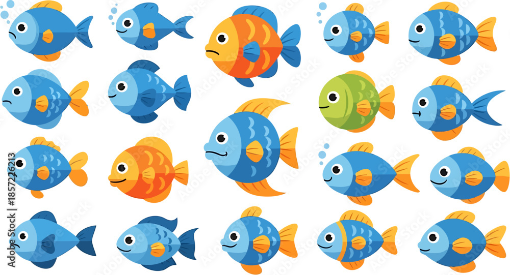 Fototapeta premium A vibrant collection of cute cartoon fish illustrations, showcasing various expressions and underwater poses, ideal for children's books, games, and educational designs