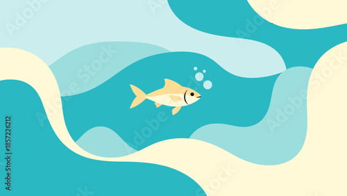 Serene flat design illustration of a golden fish swimming peacefully in abstract blue waves, featuring gentle bubbles, evoking calm and aquatic life