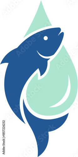 Stylized graphic illustration of a fish gracefully leaping within a clean water droplet, embodying natural purity, aquatic vitality, and the essence of marine resource sustainability