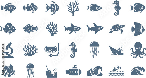 Collection of underwater marine life and sea objects with scientific research icons