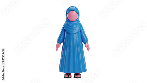 3D cartoon of a Muslim girl wearing a blue hijab and dress on transparent background