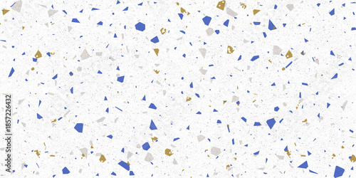 blue and white paint splashes on white colorful wall texture pebbles chips terrazzo pastel flooring.