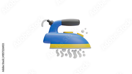 3D cartoon ironing flat iron with steam and bubbles on transparent background