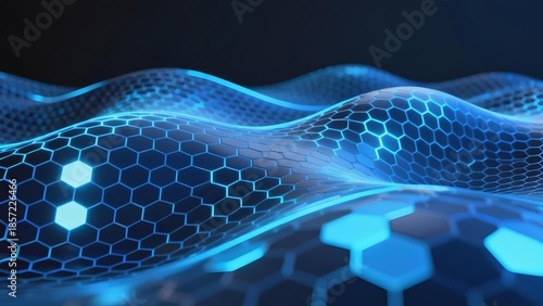 Abstract blue hexagonal wave pattern with glowing elements on a dark background