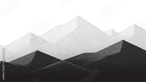 Stylized black and white mountain range landscape with stippling effect, multiple peaks, gray gradient background