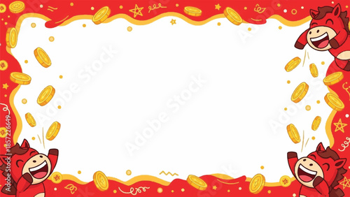 Chinese New Year frame. Red border with gold coins and stars. Lion dance heads. Vector illustration for holiday greeting card or poster. Festive design element. Celebration background.