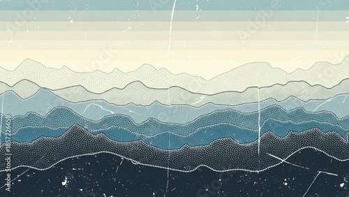 Stylized illustration of layered mountains in shades of blue and beige with dotted lines and a starry night sky