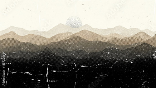 Moody mountain range landscape with dark foreground and faded background hills under white sky with subtle texture