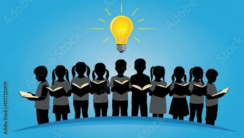Group of children reading books under a bright light bulb on blue background, symbolizing education and learning