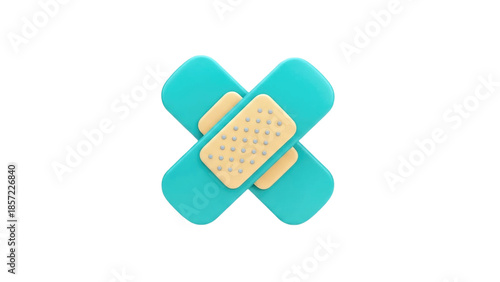 3D Crossed turquoise adhesive bandages with beige pad on transparent background