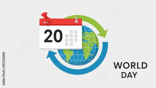 World day calendar date 20 on globe with circular arrows symbolizing rotation and recycling concept