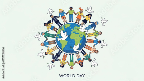 Diverse people from around the world holding hands in unity around the earth globe with white doves flying around symbolizing peace