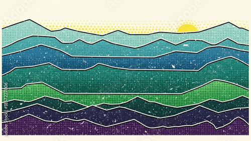 Multicolored mountain range landscape with sun setting behind peaks in shades of blue green purple and yellow