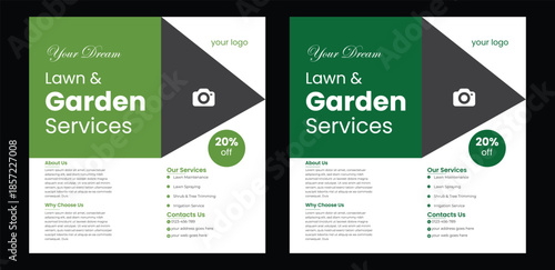 Lawn or gardening services social media post template, Gardening and Landscaping service social media post in green layout  Lawn garden or landscaping service social media post and web banner template