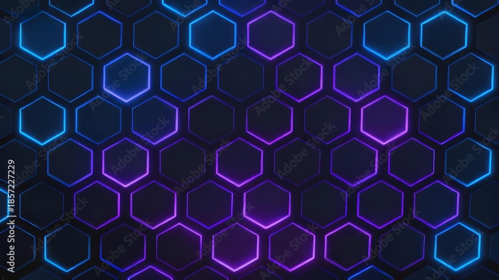 Fototapeta premium Neon hexagonal grid pattern with blue and purple glowing outlines on a dark background