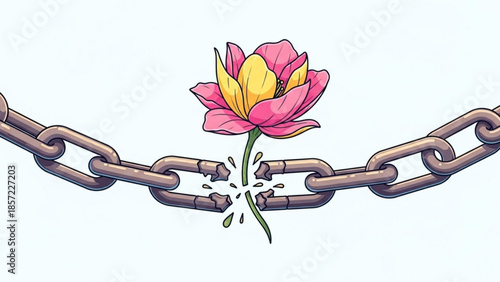Broken chain with pink and yellow flower symbolizing freedom and strength