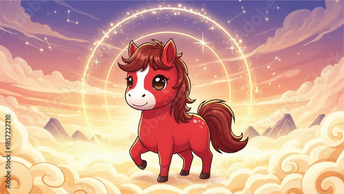 Red unicorn horse. Cartoon illustration of magical horse. Fantasy creature. Vector design. Colorful clouds. Sunset sky background. Mountains landscape. Glowing circle. Mythical animal.