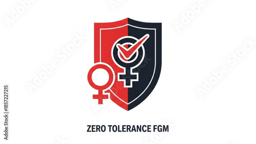 Zero tolerance female genital mutilation shield icon with checkmark and female symbols for protection and awareness campaigns