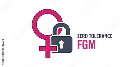 Female genital mutilation zero tolerance symbol with pink female sign and gray lock on white background for social issues awareness