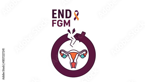 Female genital mutilation awareness symbol with purple circle and orange ribbon on white background