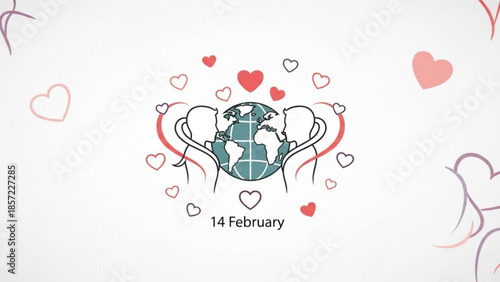 Valentine's day celebration with lovers embracing earth globe surrounded by hearts