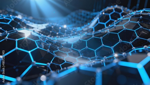 Abstract digital representation of a hexagonal molecular network with glowing blue nodes and connections, resembling graphene or nanotechnology structure.