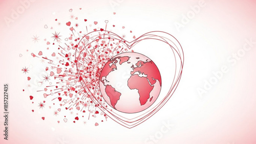 Valentine's day globe with heart shaped lines and red hearts exploding from it on white background
