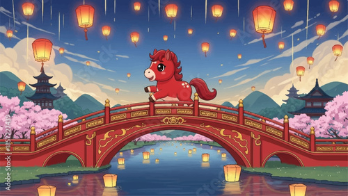 Red horse on bridge. Chinese style illustration. Lanterns and cherry blossoms. Traditional Asian landscape. Vector design for greeting card or poster. Cultural festival background. Blue sky