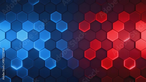 Abstract hexagonal pattern with blue and red gradient lighting