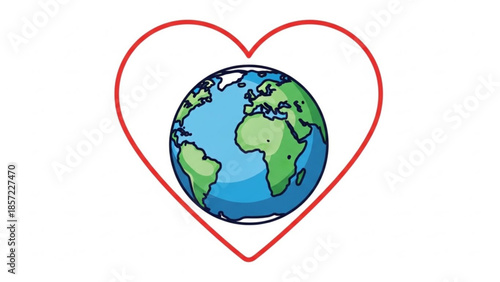 Earth surrounded by a red heart symbol on white background, representing love for the planet and environmental care