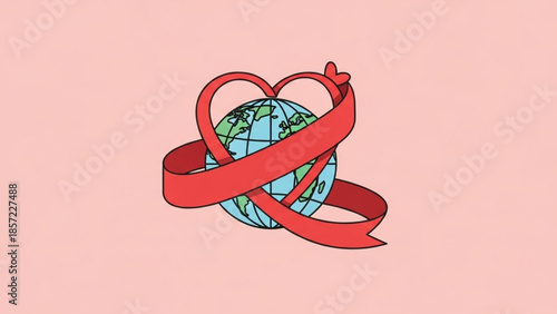 Earth wrapped in red heart shaped ribbon on pink background symbolizing love and care for the planet globally