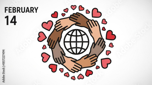 Diverse hands forming a circle around the earth with hearts on valentine's day, symbolizing global love and unity on february 14
