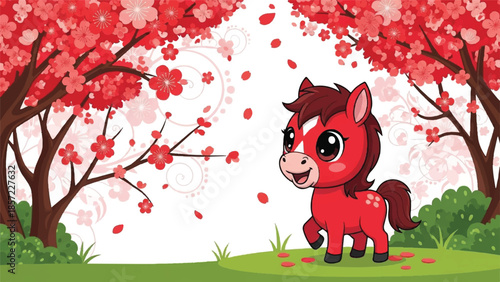 Cute cartoon horse. Red pony character. Cherry blossom tree. Spring season illustration. Vector cartoon. Pink flowers falling. Green grass background. White space.