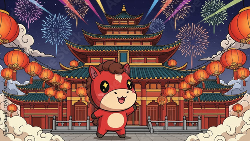 Chinese New Year cartoon character. Red horse mascot. Traditional pagoda temple background. Fireworks and lanterns. Vector illustration for holiday greeting card. Cultural festival design