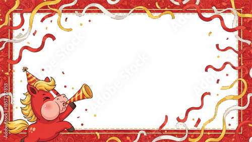 Party border frame. Red and gold confetti. Cartoon character blowing horn. White background. Vector illustration for celebration, birthday, or holiday greeting card. Festive design element.