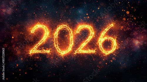 Glowing golden numbers 2026 on a dark background with sparks and glitter, representing the new year and future concept