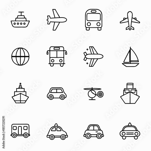 A comprehensive travel icons set featuring black vector symbols for hotel, airplane, and mountain vacation activities, including transport signs for bus and taxi tourism