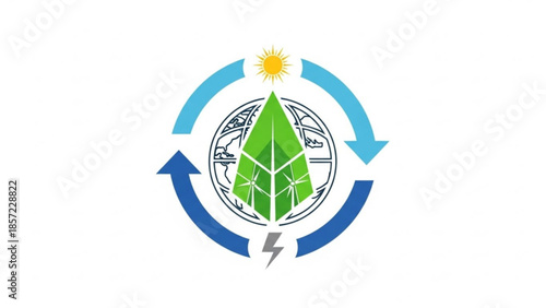 Sustainable Energy Logo with Green Leaf and Recycling Arrows Isolated on White