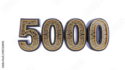3D Ornate Gold and Black 3D Number 5000 on transparent background