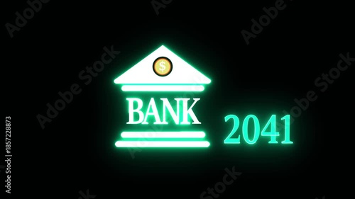 Neon light effect animation of a bank and the year 2041 ,Business representing real estate growth and market innovation bank icon, House loan ,risk management, Insurance and economic recession 