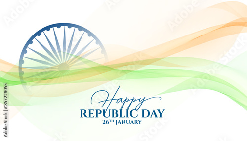 happy republic day greeting background with abstract orange green waves and ashoka chakra