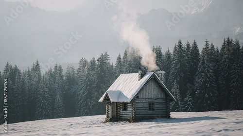 Small Cabin in Snowy Field with Smoke from Chimney
