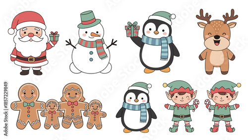 Kawaii Christmas Characters Collection: Santa, Snowman, Penguin, and Reindeer Illustration Set